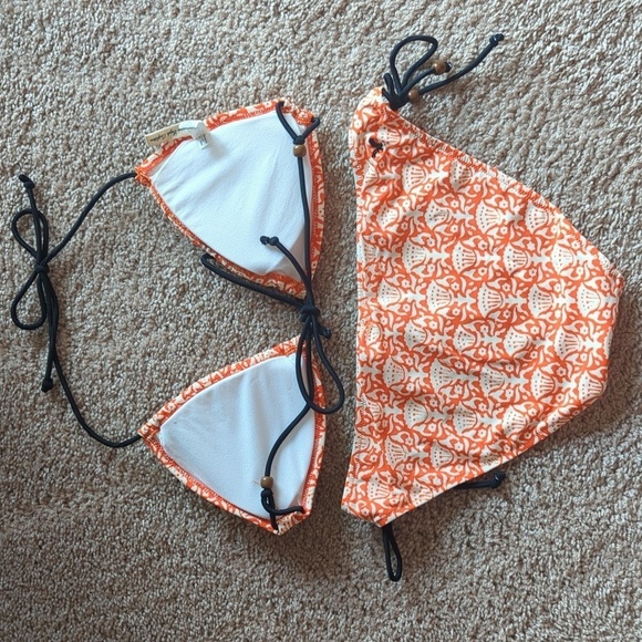 American Eagle Outfitters Orange & Cream String Bikini w Black Beaded Ties L/XL - Picture 7 of 11